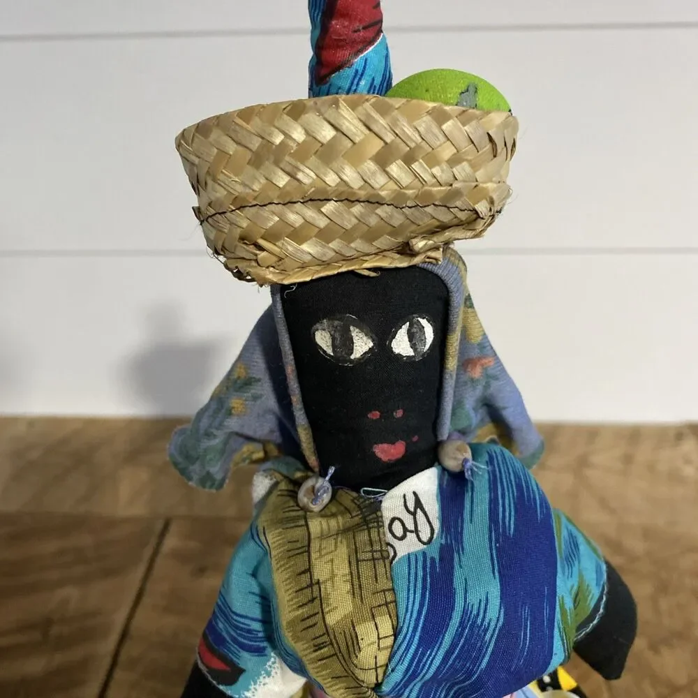 Vintage Handmade Jamaican Cloth Doll Jamaica Figure Hat Wicker Basket Folk Art